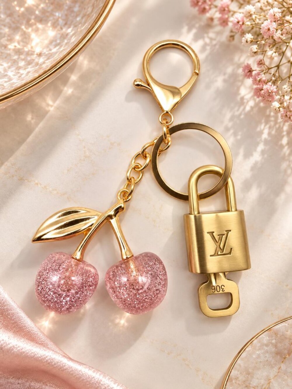 Authentic LV Louis Vuitton Gold Lock & Key 🔑 Unbranded Cherry Keychain Charm